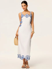 Semi-Sheer Floral Embroidery Back Bow Maxi Dress