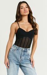 Cheryth Bodysuit - V Neck Strappy Sheer Corset Bodysuit in Black