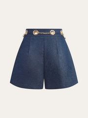 Faux Denim Shorts with Metal Chain Belt