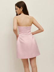 Satin Asymmetrical Embellished Strapless Dress