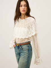 Semi-Sheer Ruffle-Trimmed Lace Flared-Sleeve Blouse