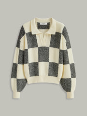 Checkered Wool Blend Polo Knit Top