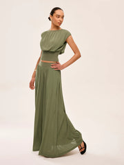 Gathered Waist Top With Flowy Skirt Set