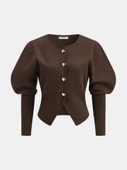 Leg-Of-Mutton Sleeve Heart-Button Wool Blend Cardigan