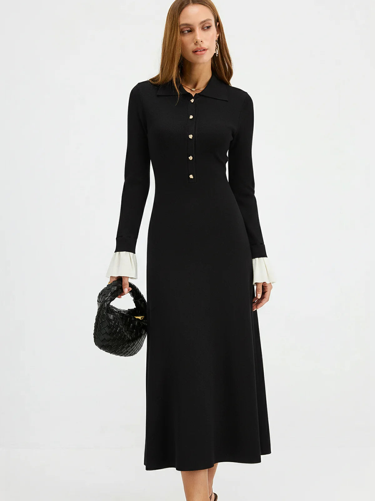 Contrast Cuff Collared Knit Maxi Dress