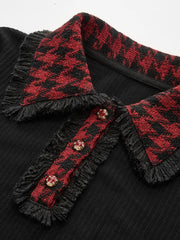 Contrast Checkered Collar Ribbed Knit Top