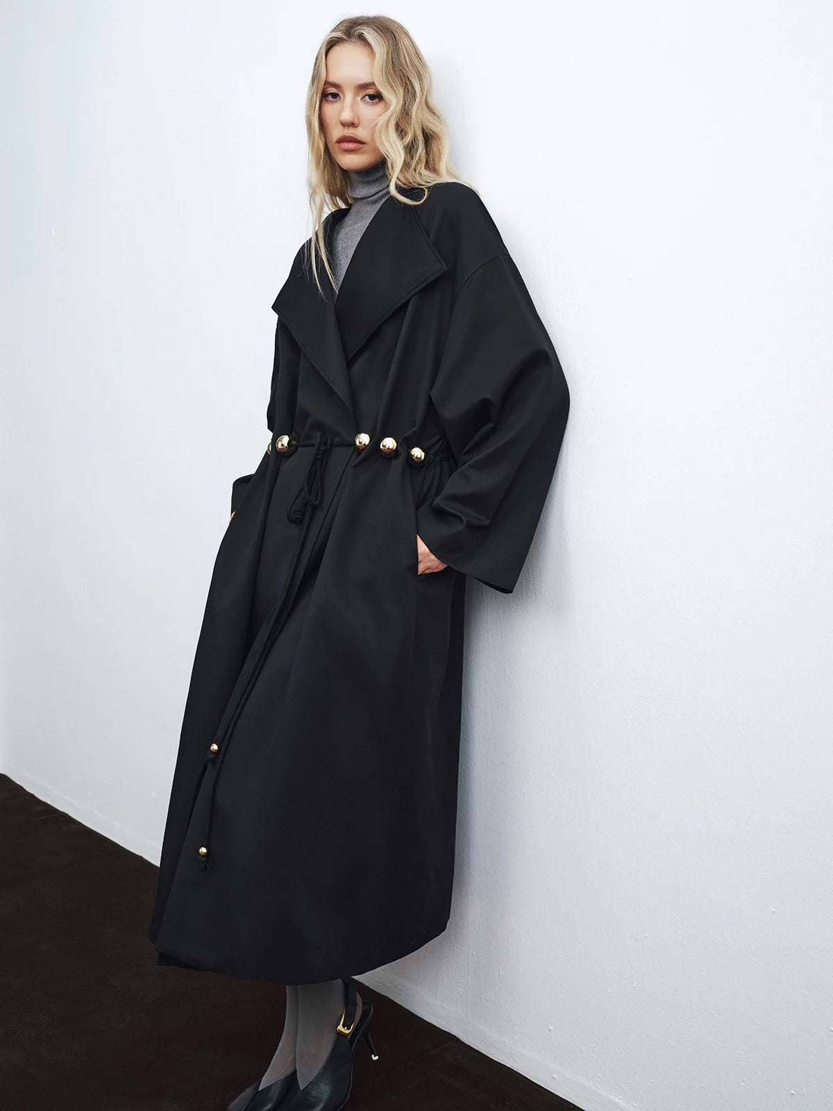 Metal Detail Tie-Belt Oversized Long Trench Coat