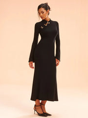 Metal Bow Detail Stand Collar Maxi Dress
