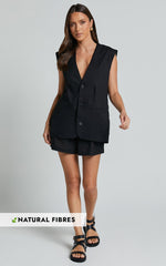 Marlee Two Piece Set - Linen Button Through Vest and Shorts Set in Black