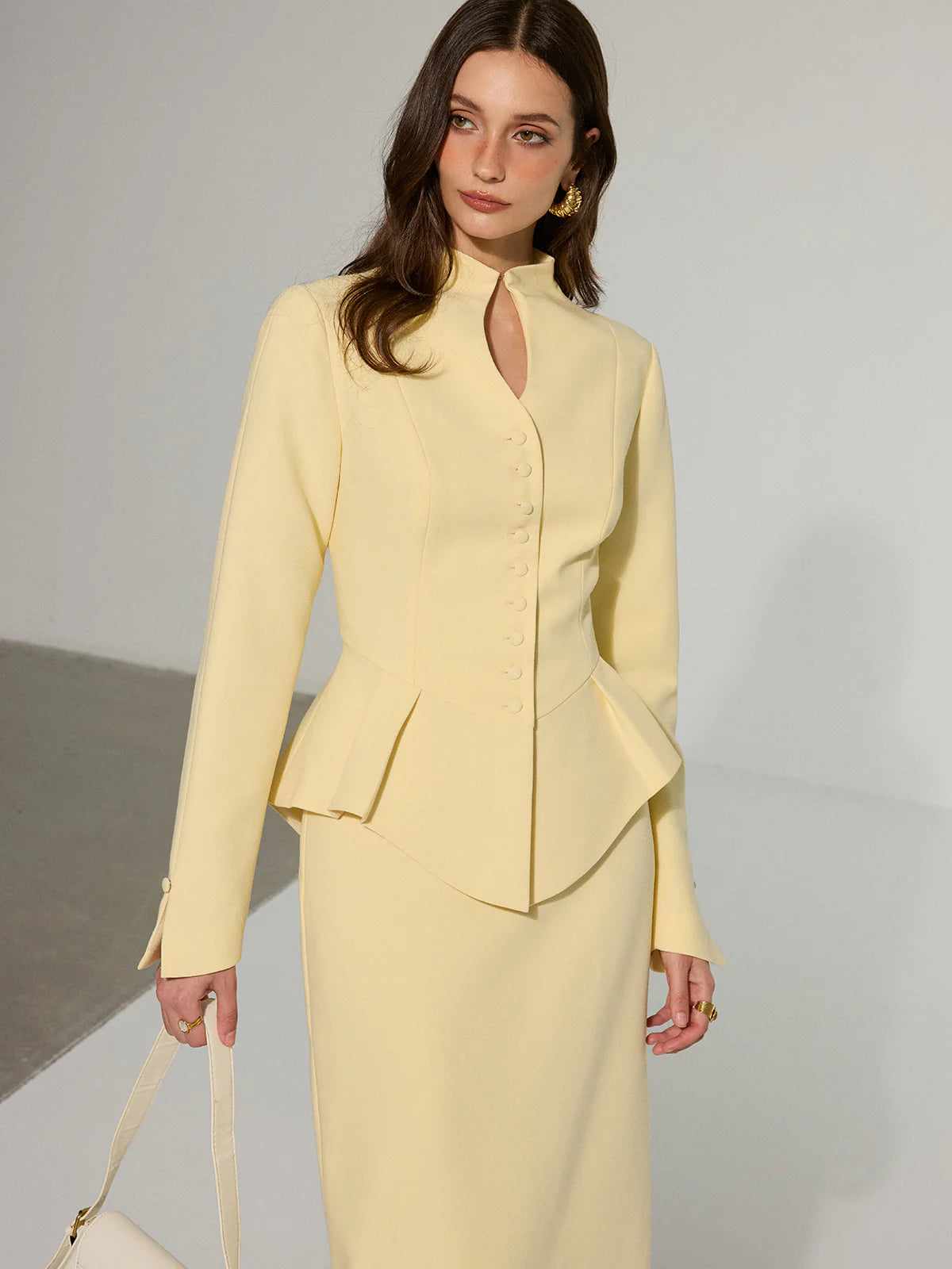 Keyhole Neckline Button Front Peplum Blazer