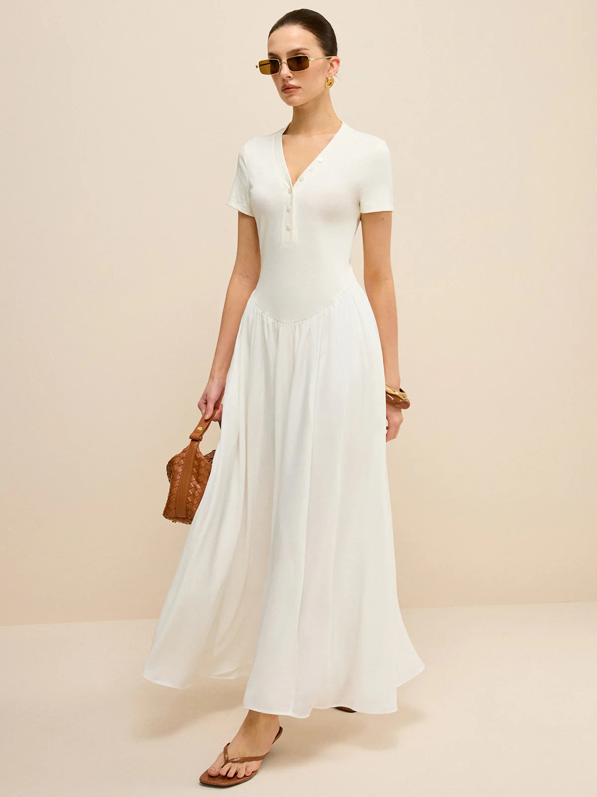 Button-Placket V-Neck Maxi Dress