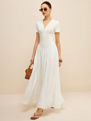 Button-Placket V-Neck Maxi Dress