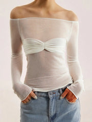 Semi-Sheer Off-Shoulder Mesh Long Sleeve Shirt