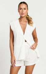 Marlee Two Piece Set - Linen Button Through Vest and Shorts Set in White