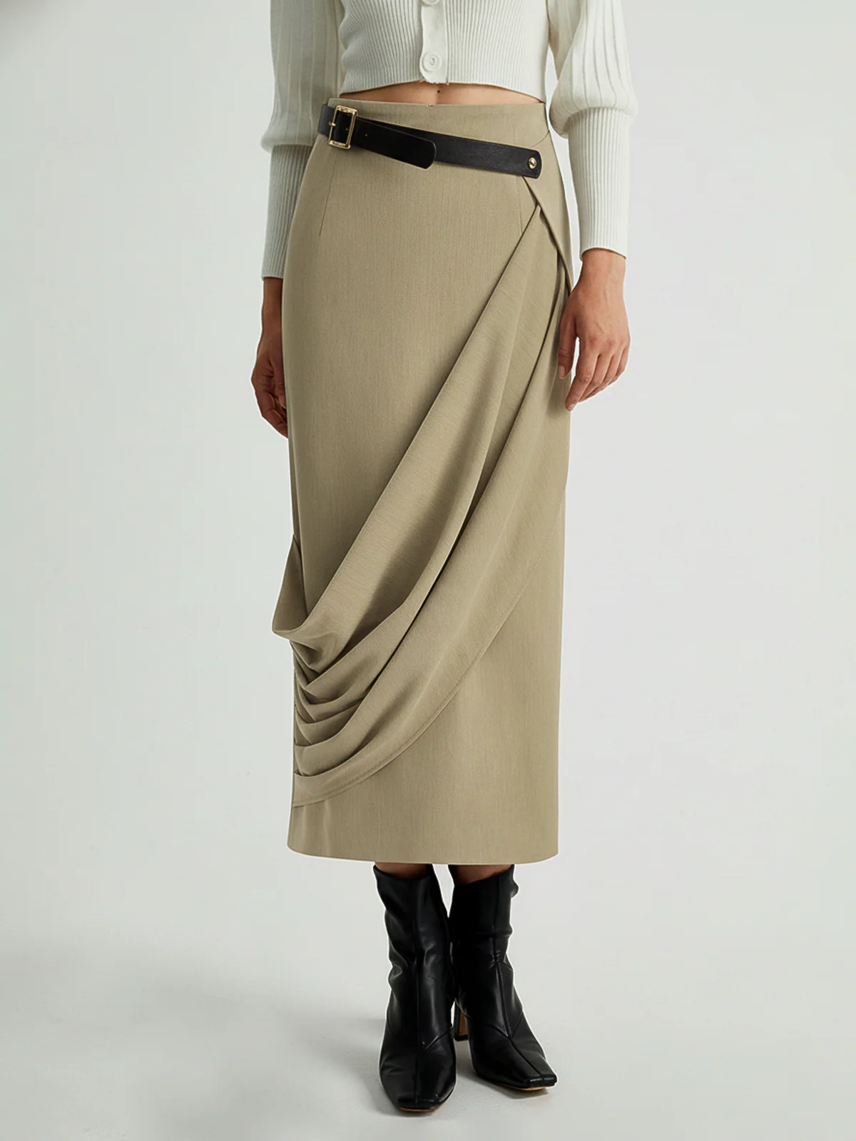 Belted Asymmetrical Drape Skirt