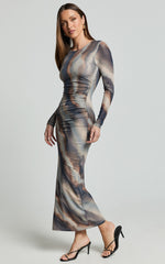 Zyra Midi Dress - High Neck Long Sleeve Mesh Dress in Neutral Stripe