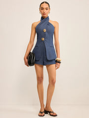 Metal Button Halter Neck Top with Shorts Set