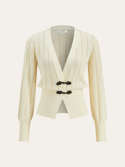 Eyelet-Striped Waist-Cinched Knit Cardigan