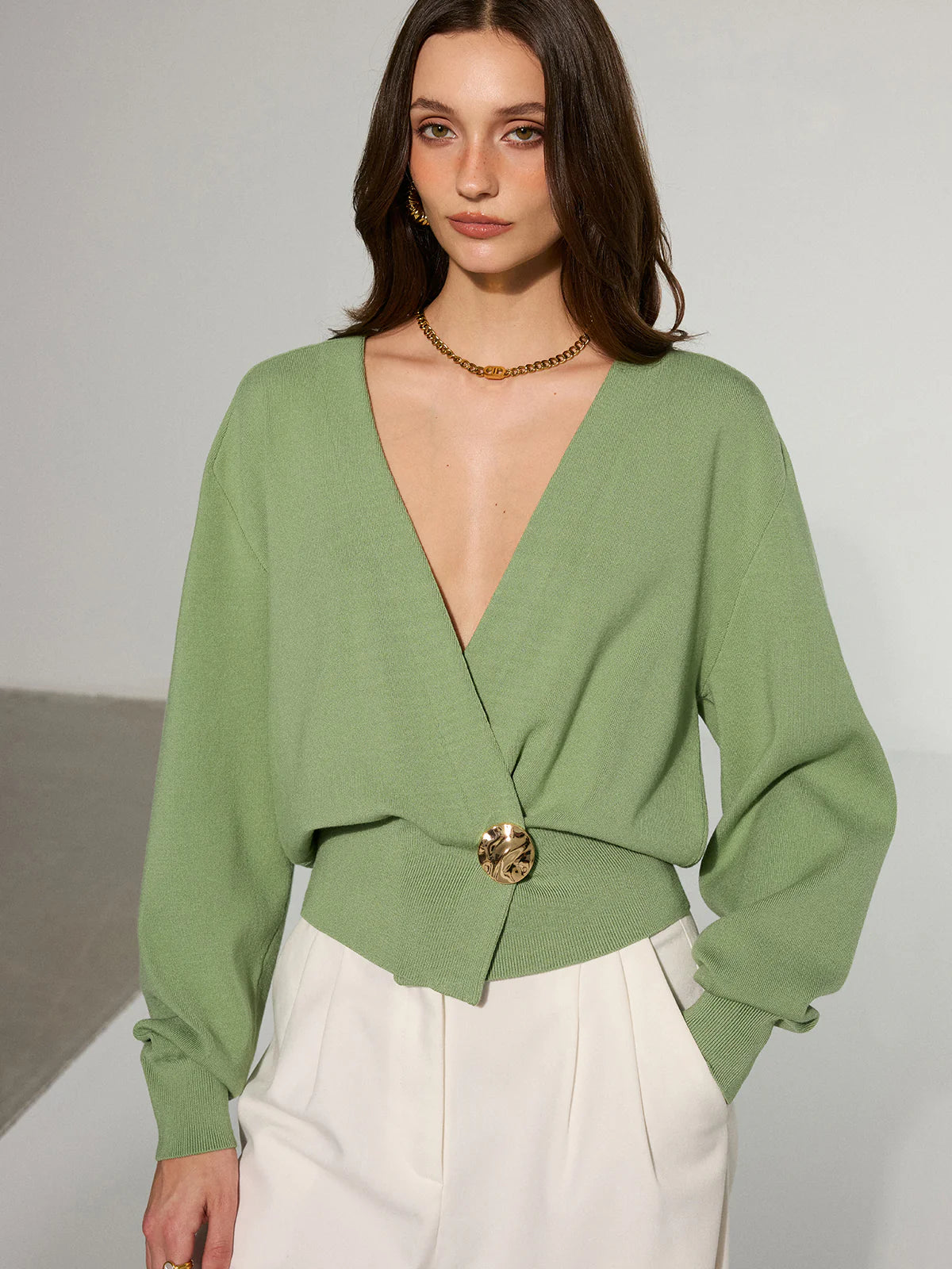 Metal Decor Waisted Knitted Wrap Cardigan