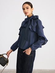 Tie Neck Ruffled Detail Faux Denim Shirt