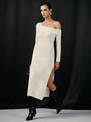 One Shoulder Wool Blend Knit Midi Slit Dress