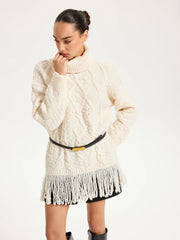 Fringe Hem Cable-Knit Turtleneck Sweater