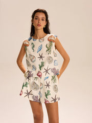 Seashell Print Sleeveless Top and Shorts Set