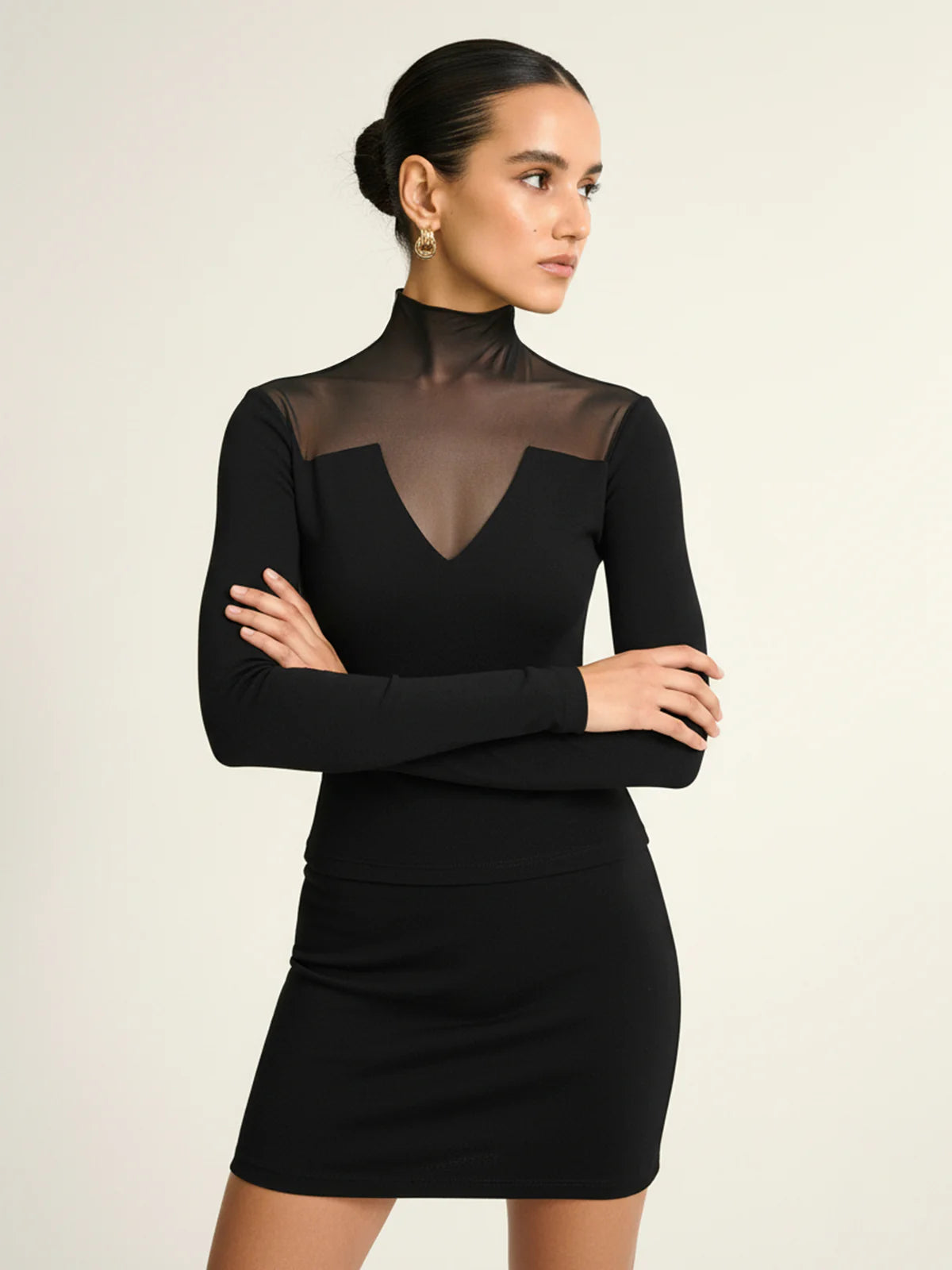 Sheer Paneled Long Sleeve Top