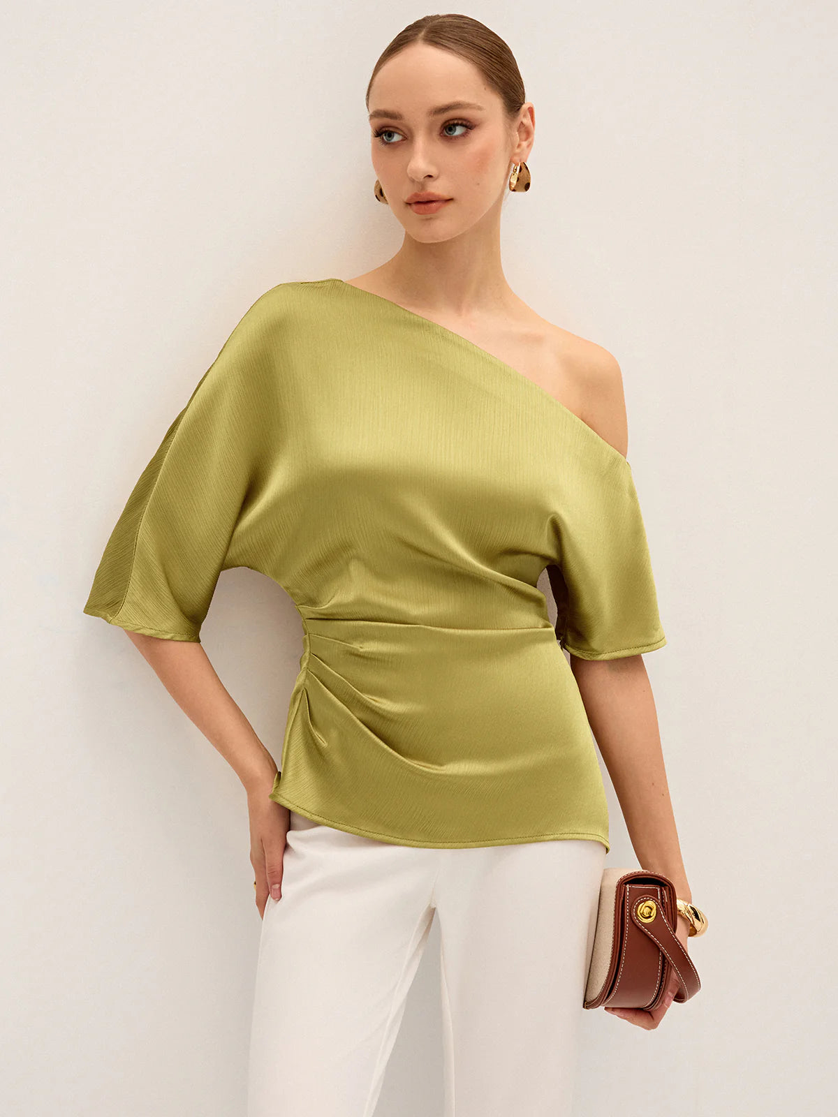 Satin One-Shoulder Ruched Top