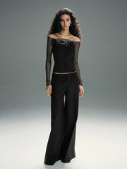 3D Flower Off-Shoulder Sheer Mesh Panel T-Shirt