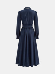 Contrast Trim Belted Pleated Shirt Dress
