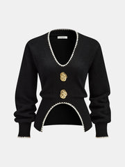 Buttoned Contrast Fringe Split Sweater