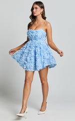Alvia Mini Dress - 3d Flower Full Skirt Dress in Soft Blue