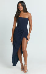 Daniella Maxi Dress - Strapless Corset Draped Asymmetrical Dress in Navy