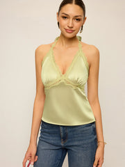 Semi-Sheer Lace Trim Halter Neck Satin Top