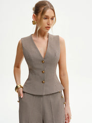 Houndstooth V-Neck Button Vest