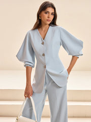 Puffed Sleeve V-Neck Blazer