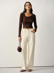 Asymmetric Button Detail Ribbed T-Shirt