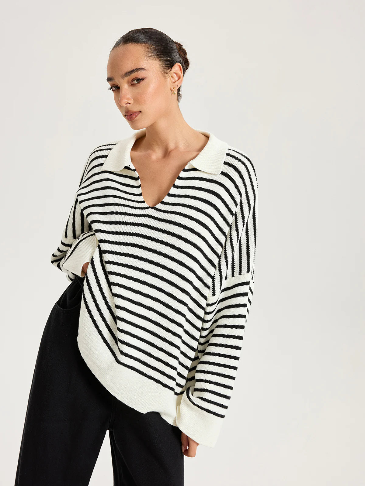 Striped Polo V-Neck Knit Top