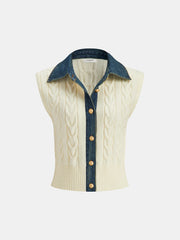 Denim Paneled Cable Knit Sleeveless Vest