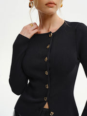 Metal Button Ribbed Knit Cardigan