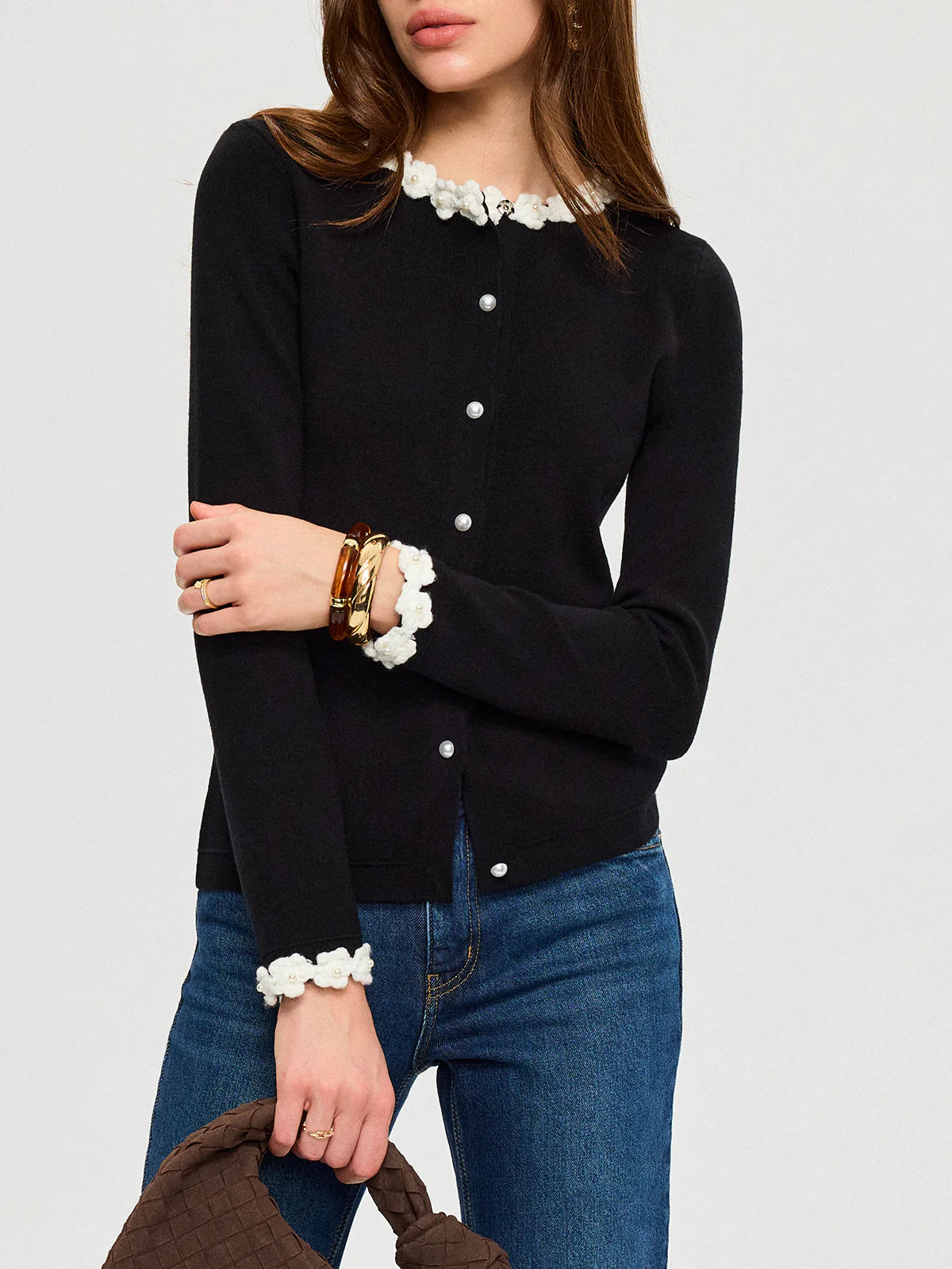 3D Floral Trim Pearl Button Cardigan