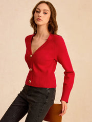 V-Neck Button-Front Knit Cardigan