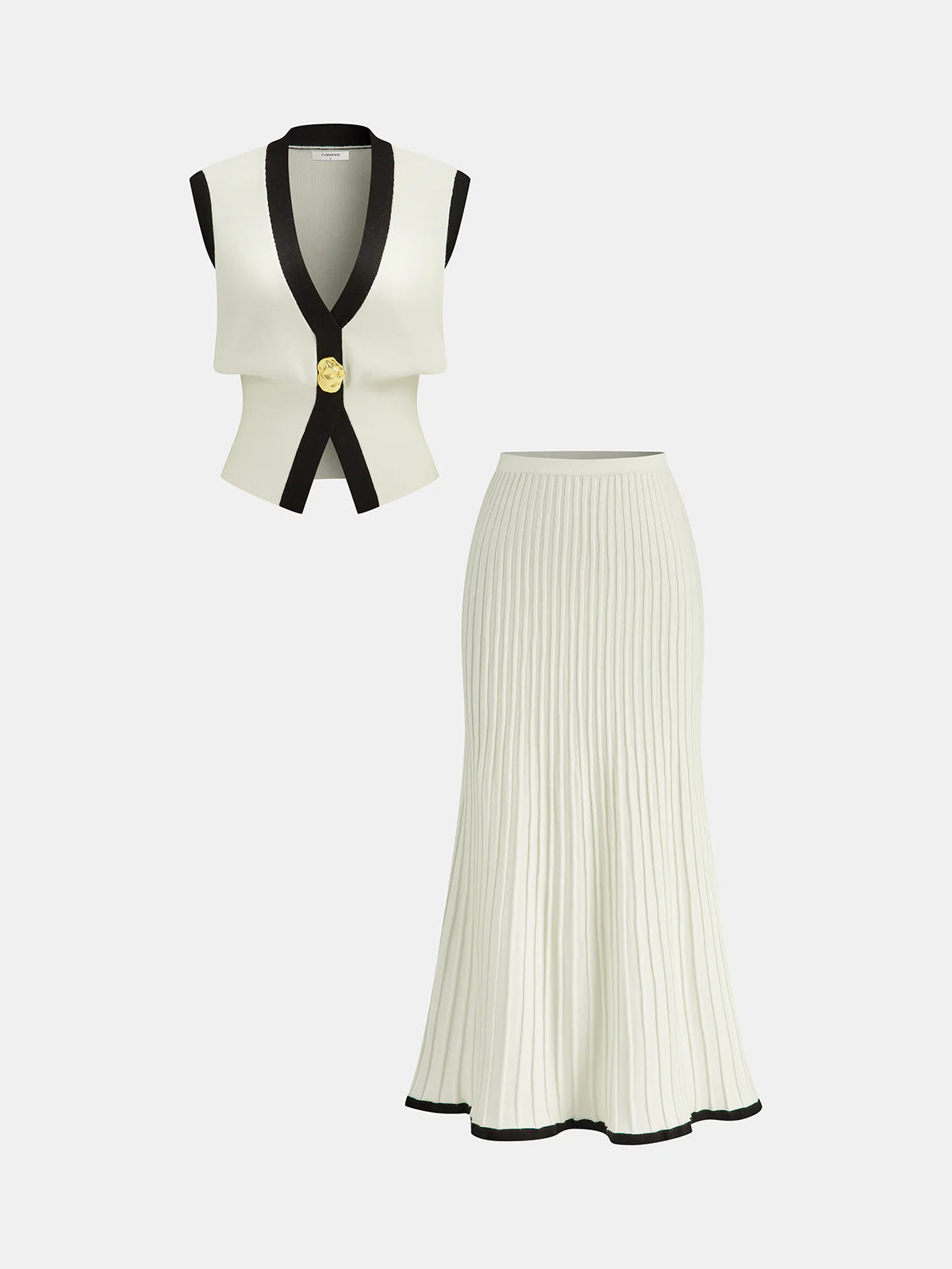 Contrast Trim Knit Vest and Midi Skirt Set