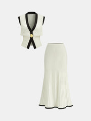 Contrast Trim Knit Vest and Midi Skirt Set