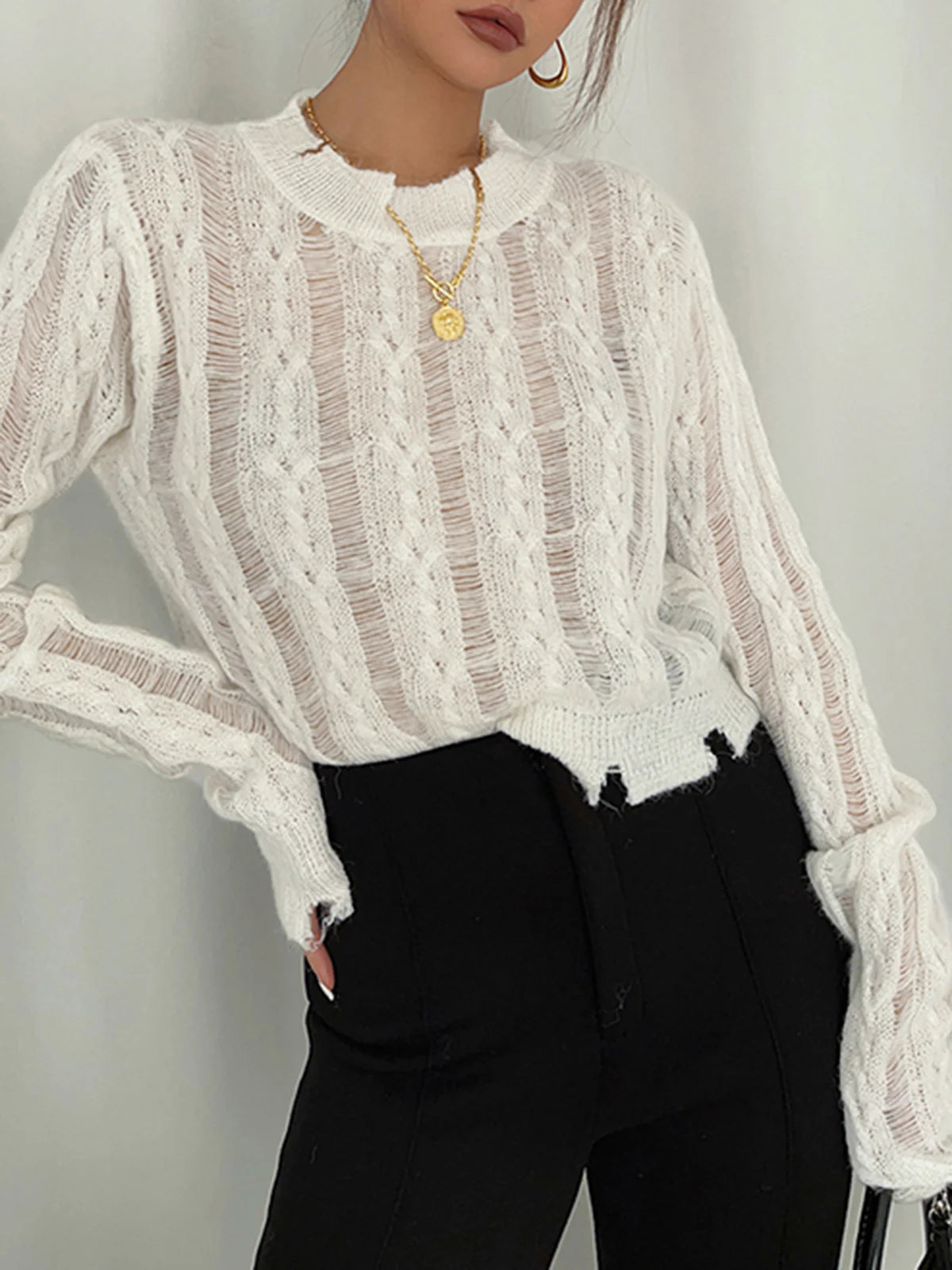 Semi-Sheer Snowflake Crochet Knit Shirt