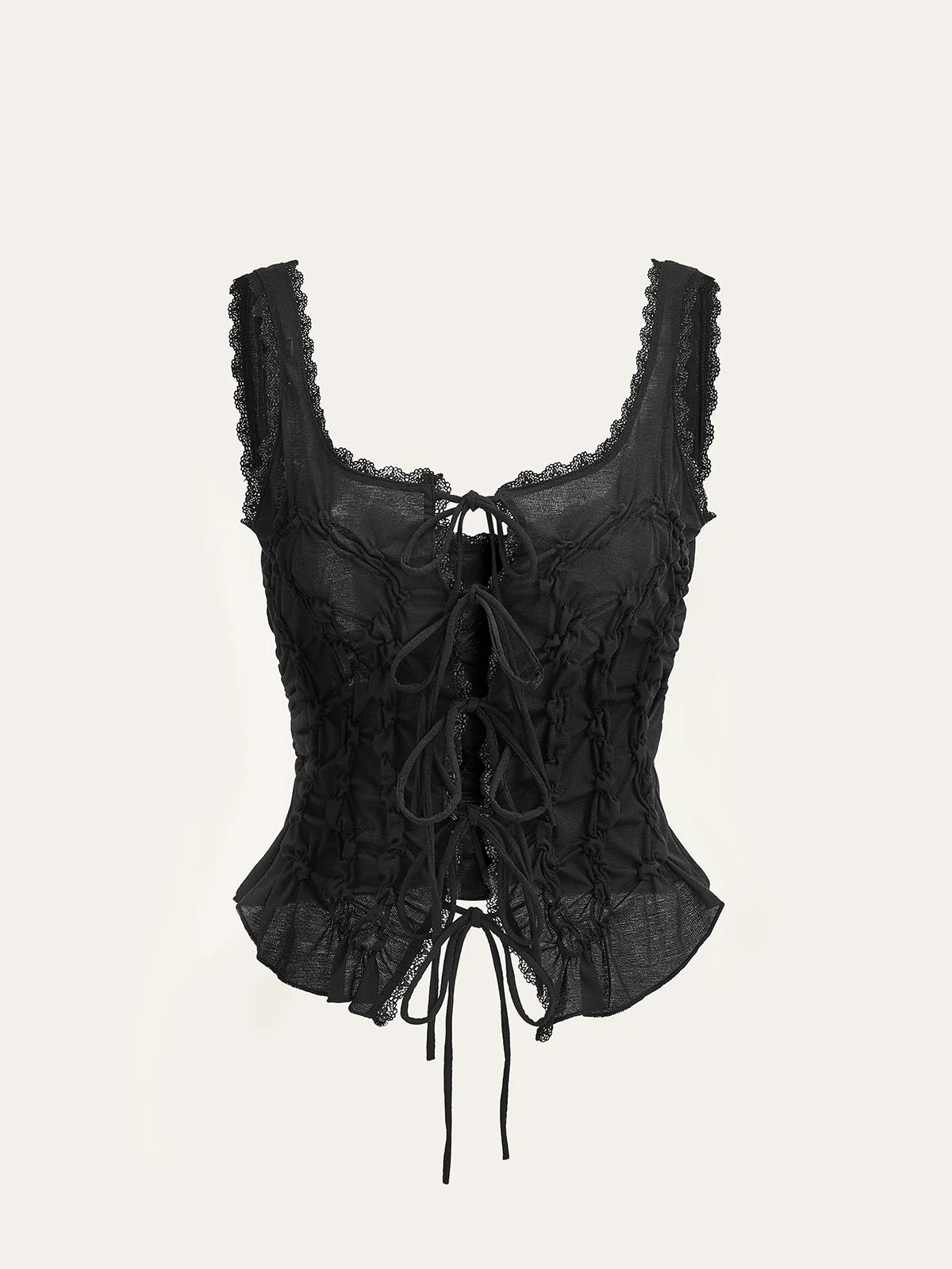 Semi-Sheer Lace-Trimmed Ruched Corset Top