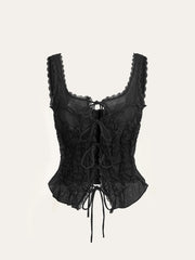 Semi-Sheer Lace-Trimmed Ruched Corset Top
