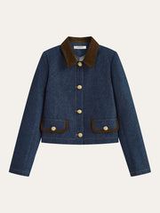 Metal Button Suede Collar Denim Jacket
