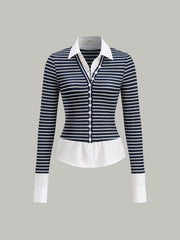 2 in 1 Striped Ribbed Paneled Long-Sleeve Blouse